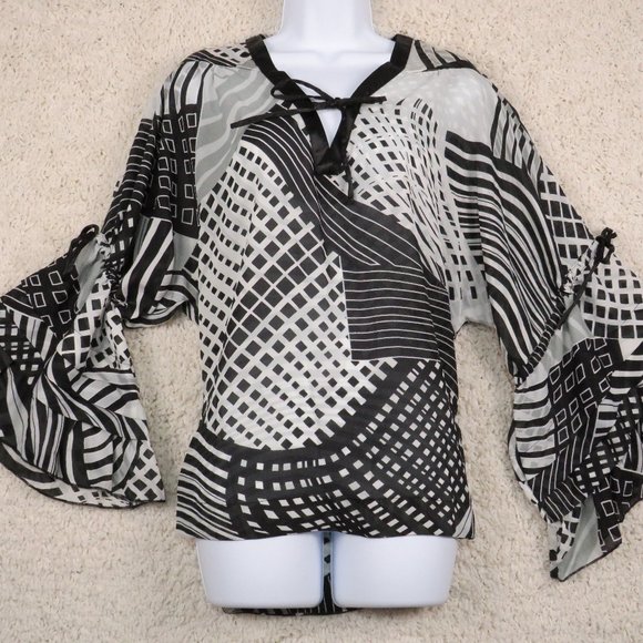 Unique Spectrum* Women's Flared Long Sleeve High/Low Curved Hem V-Neck Blouse~ M - Picture 1 of 10